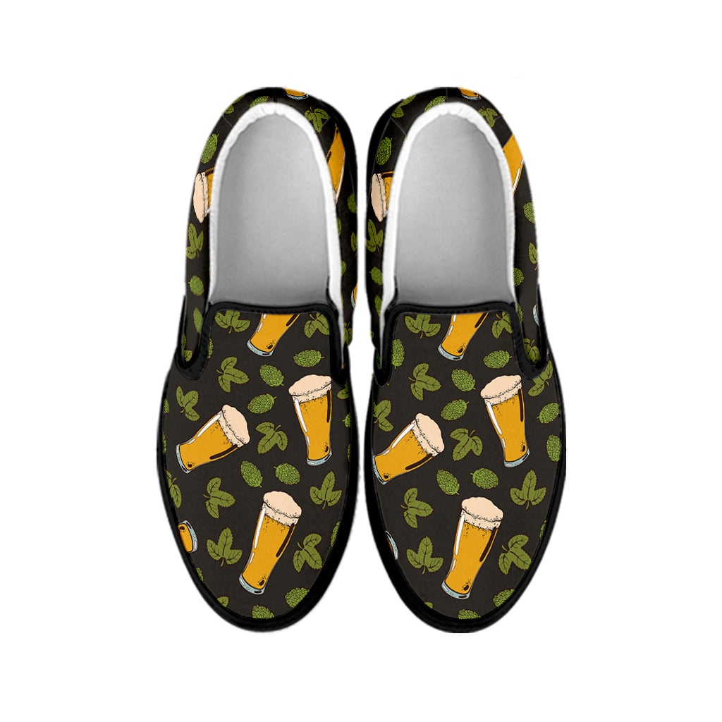 Beer Hop Cone And Leaf Pattern Print Black Slip On Shoes