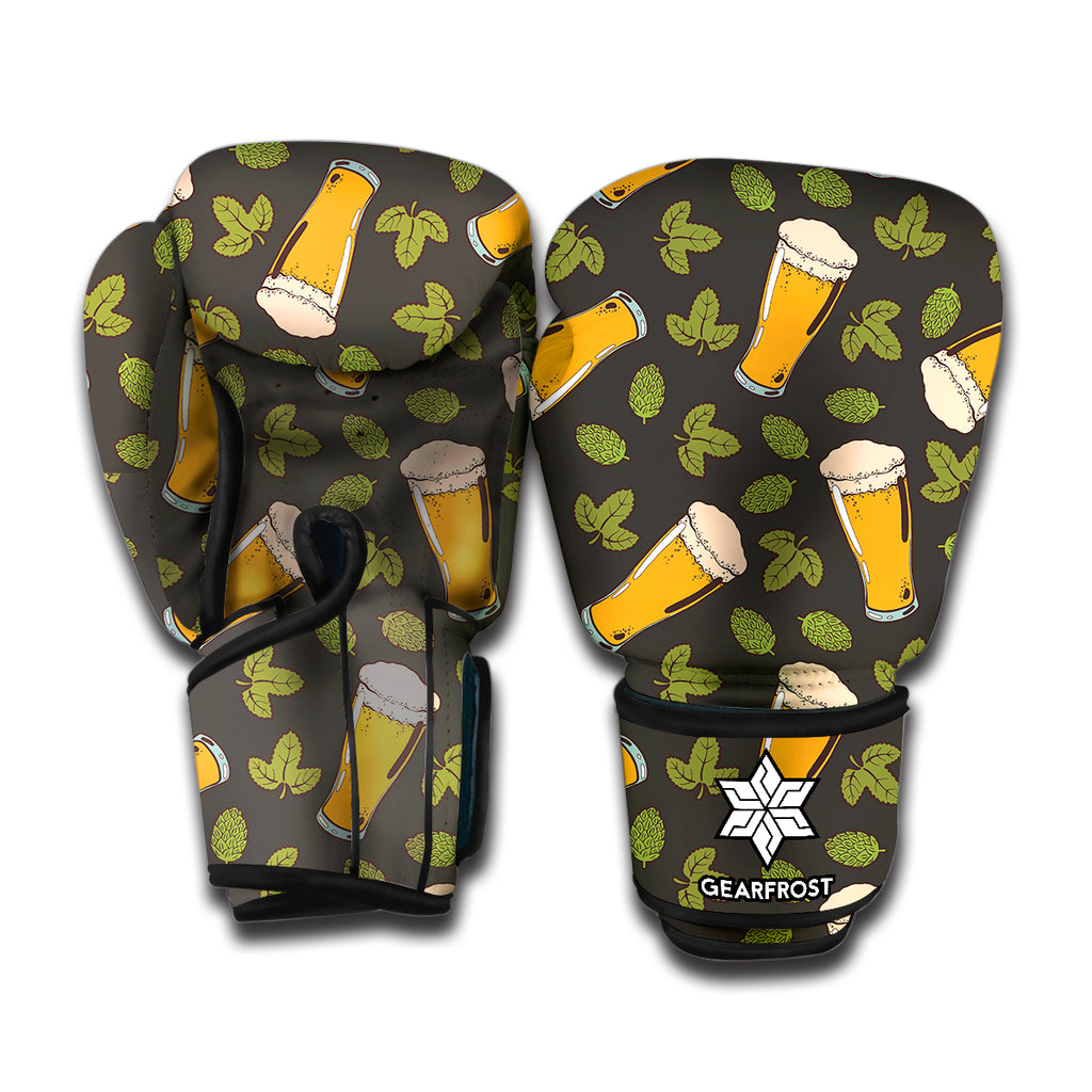 Beer Hop Cone And Leaf Pattern Print Boxing Gloves