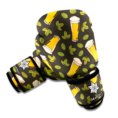 Beer Hop Cone And Leaf Pattern Print Boxing Gloves