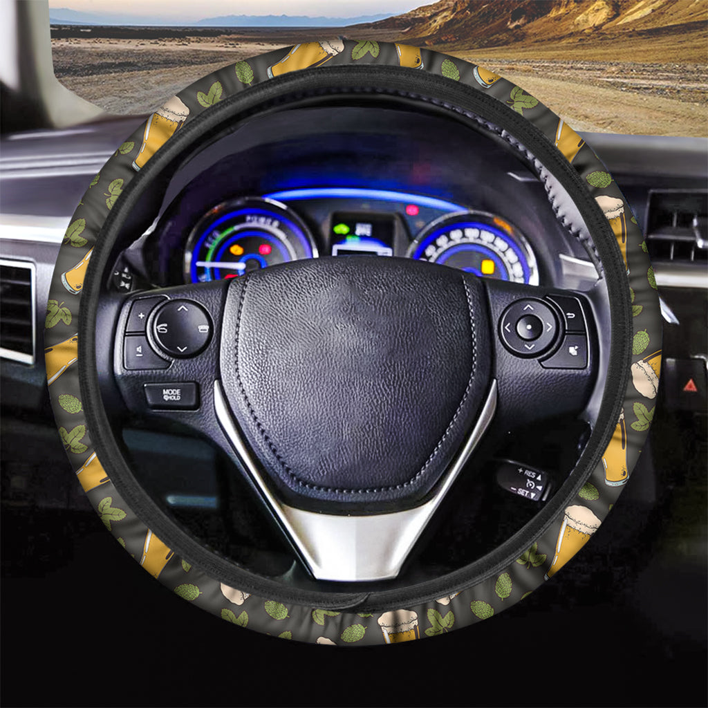 Beer Hop Cone And Leaf Pattern Print Car Steering Wheel Cover