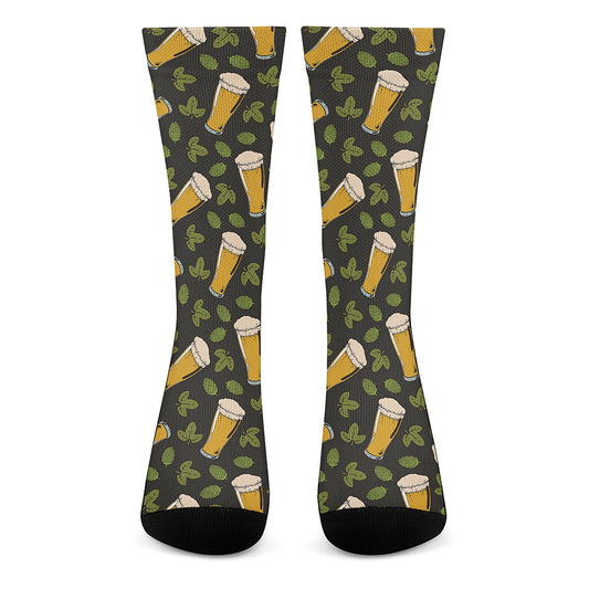 Beer Hop Cone And Leaf Pattern Print Crew Socks