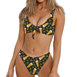 Beer Hop Cone And Leaf Pattern Print Front Bow Tie Bikini