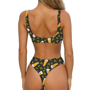 Beer Hop Cone And Leaf Pattern Print Front Bow Tie Bikini