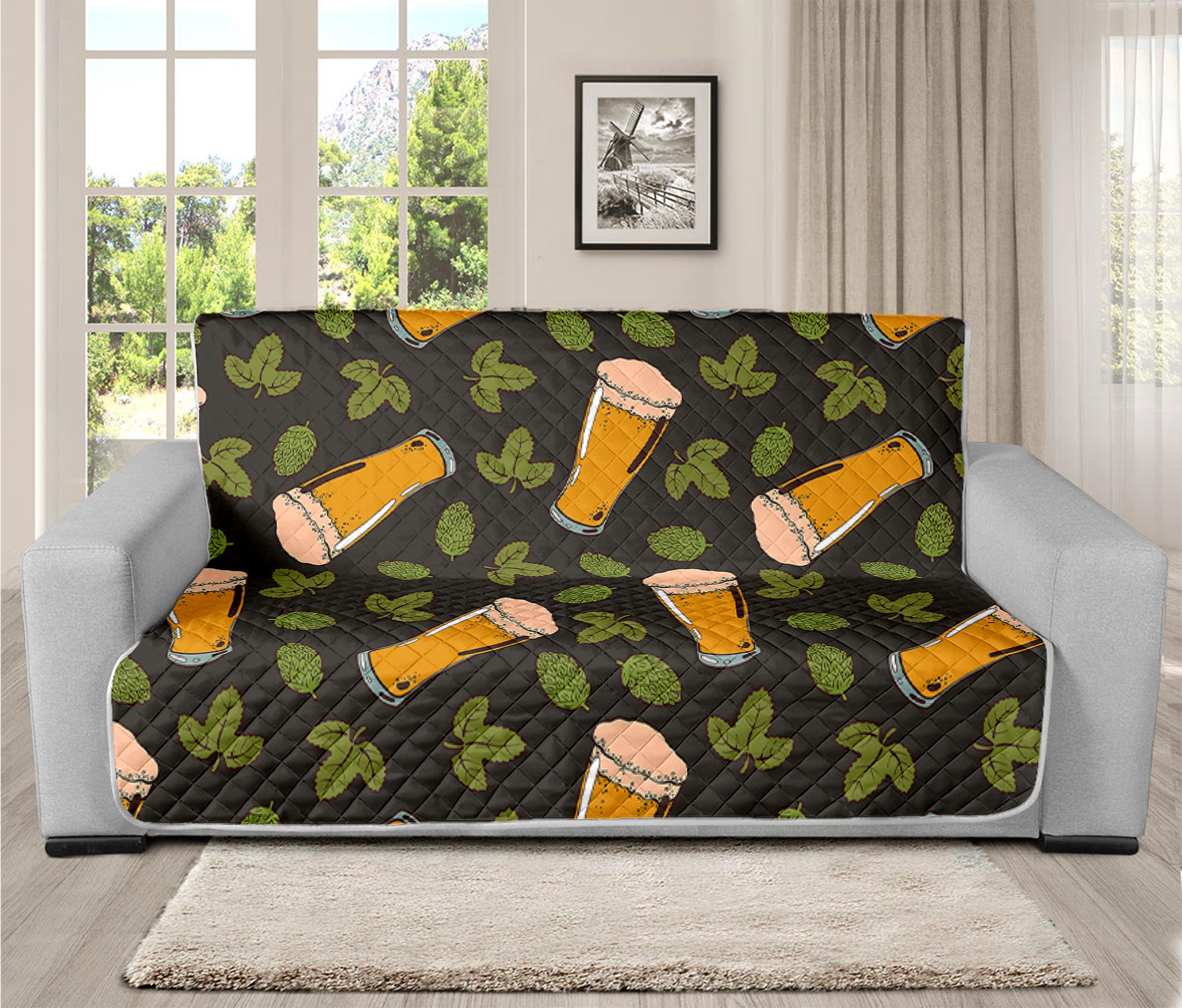 Beer Hop Cone And Leaf Pattern Print Futon Protector