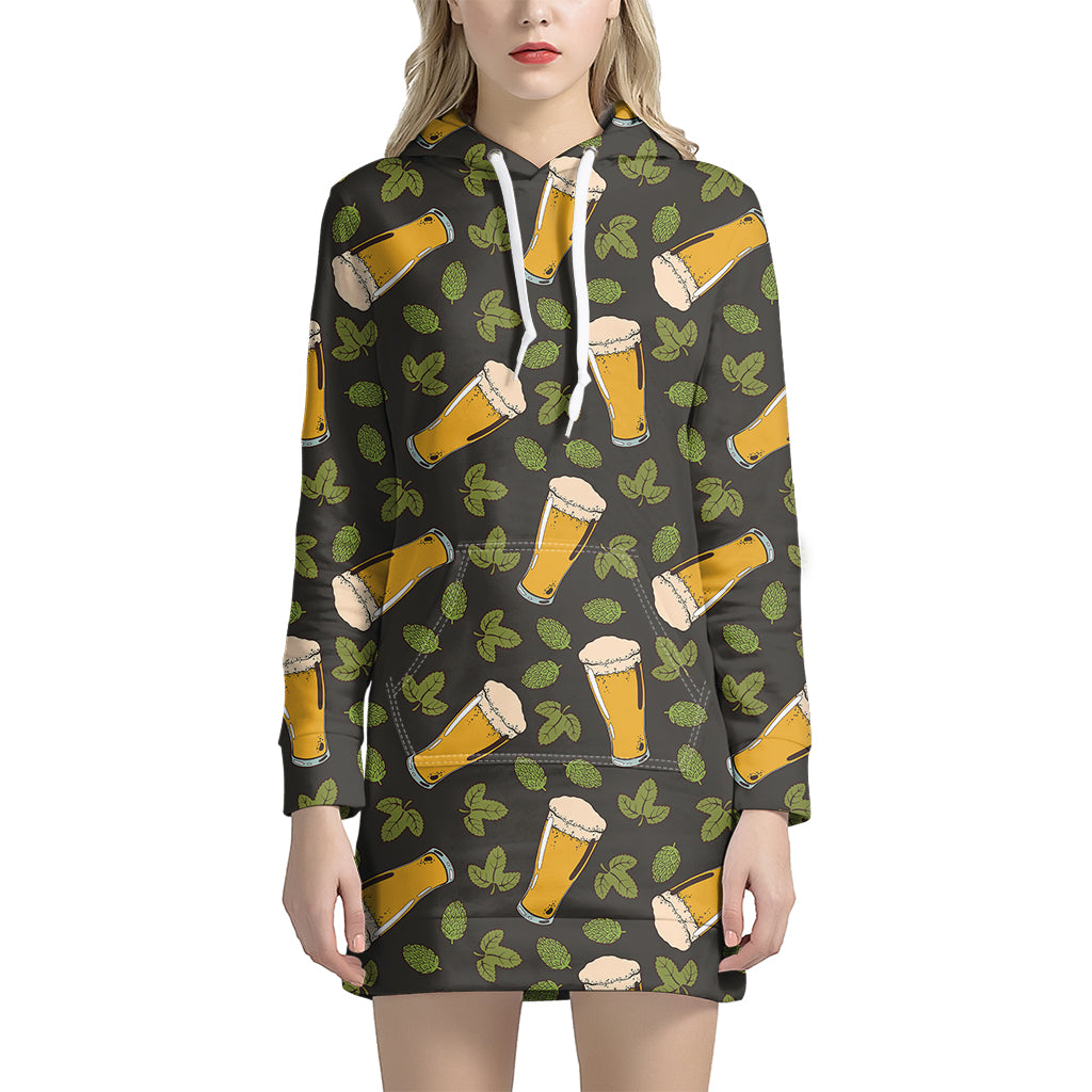 Beer Hop Cone And Leaf Pattern Print Hoodie Dress