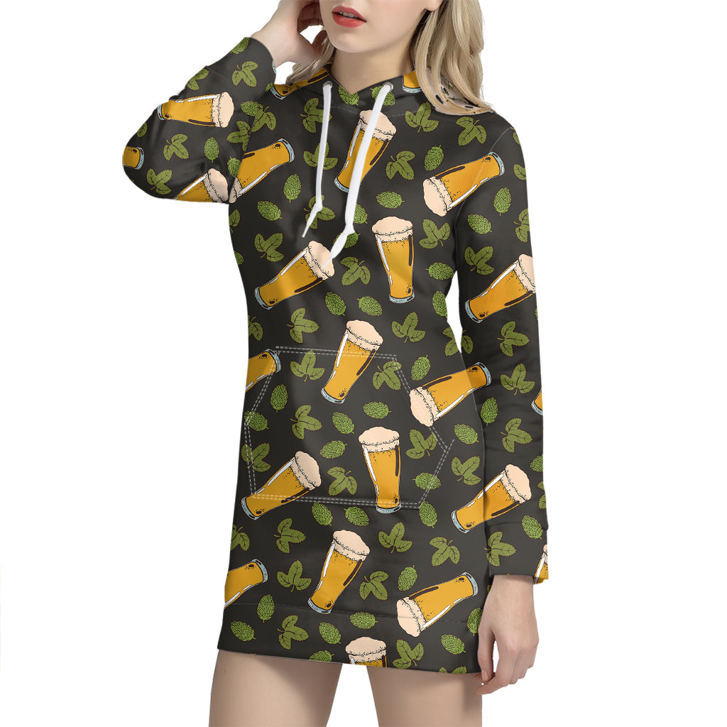 Beer Hop Cone And Leaf Pattern Print Hoodie Dress