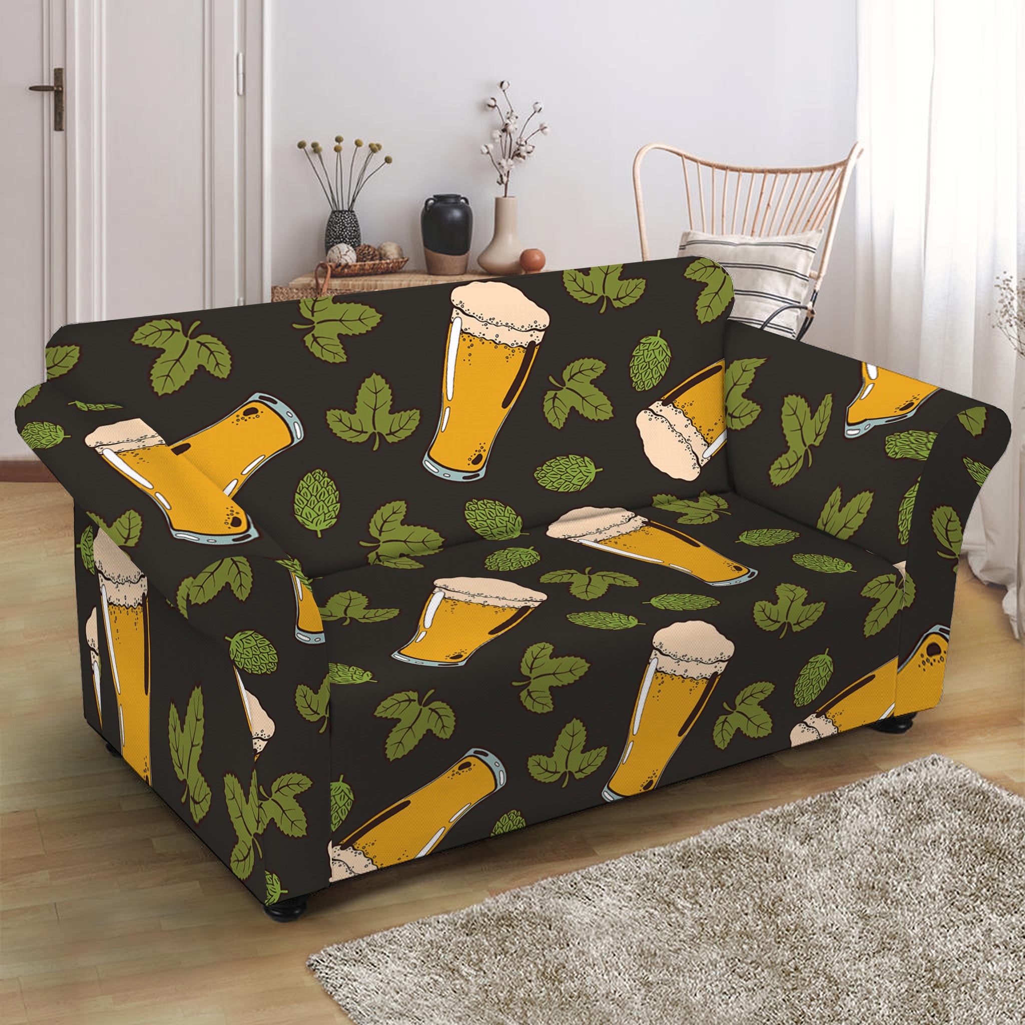 Beer Hop Cone And Leaf Pattern Print Loveseat Slipcover