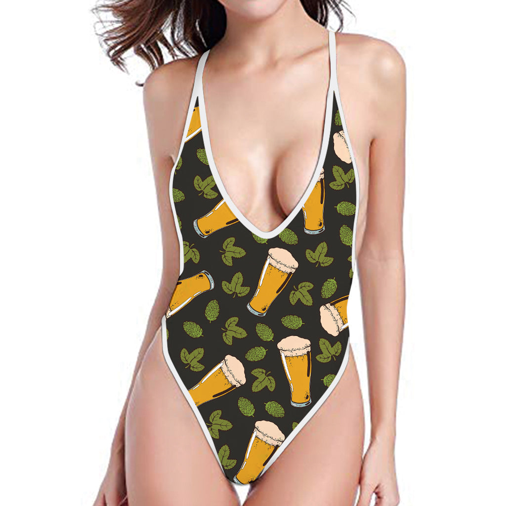 Beer Hop Cone And Leaf Pattern Print One Piece High Cut Swimsuit