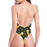 Beer Hop Cone And Leaf Pattern Print One Piece High Cut Swimsuit