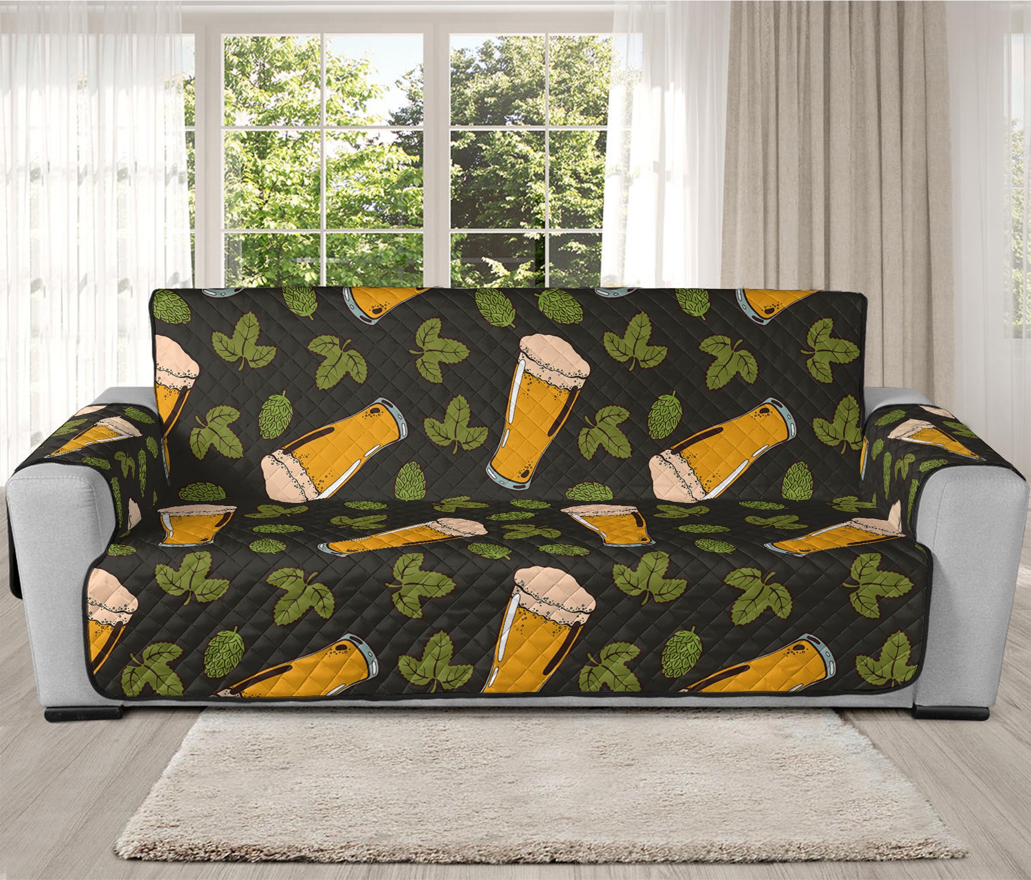 Beer Hop Cone And Leaf Pattern Print Oversized Sofa Protector