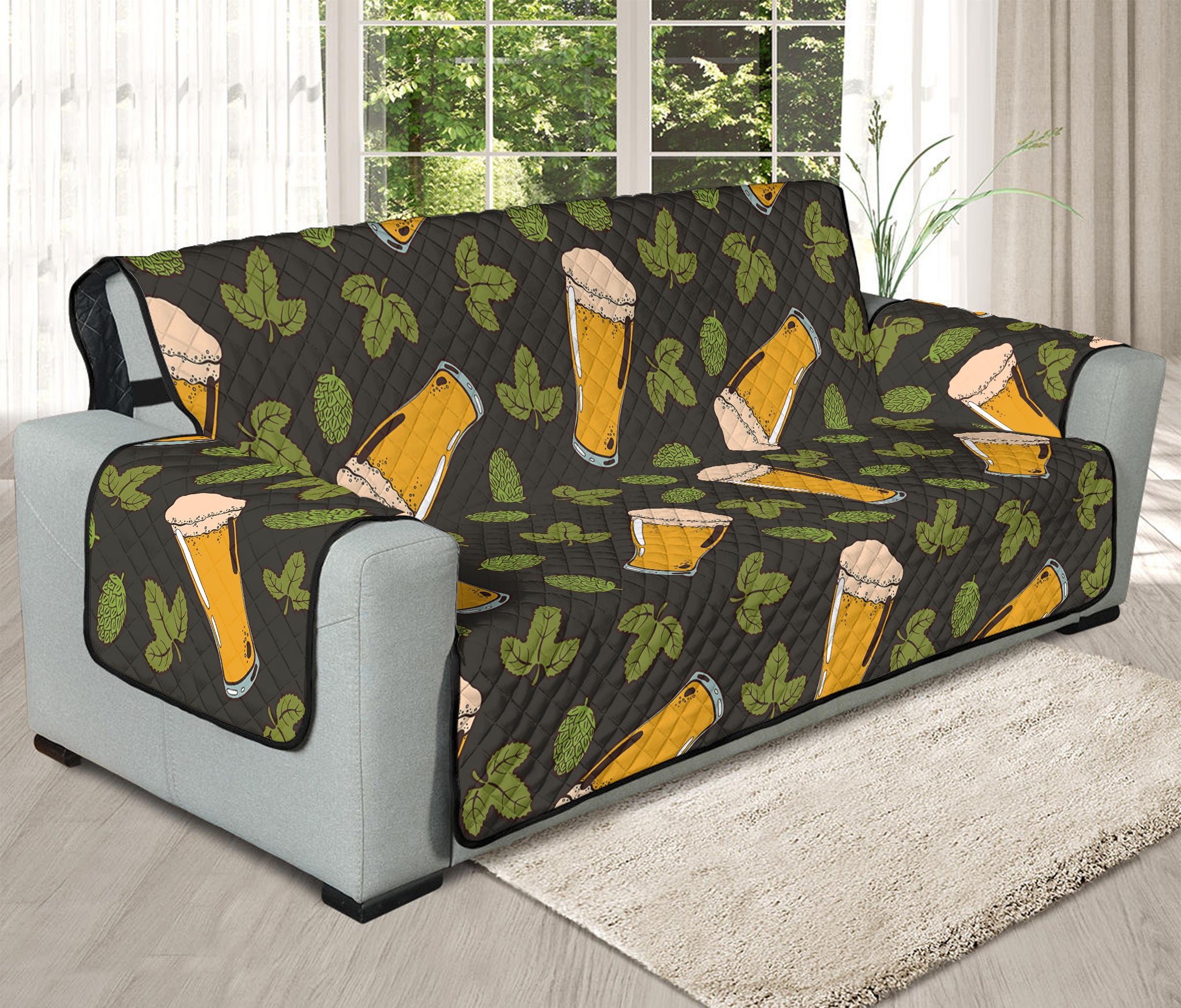 Beer Hop Cone And Leaf Pattern Print Oversized Sofa Protector