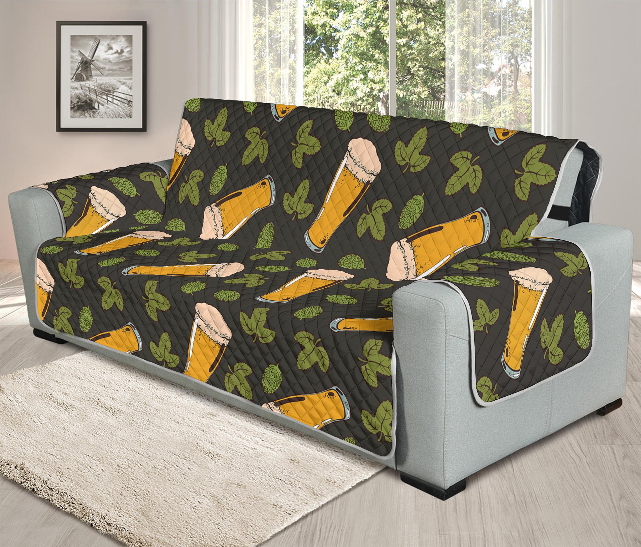 Beer Hop Cone And Leaf Pattern Print Oversized Sofa Protector