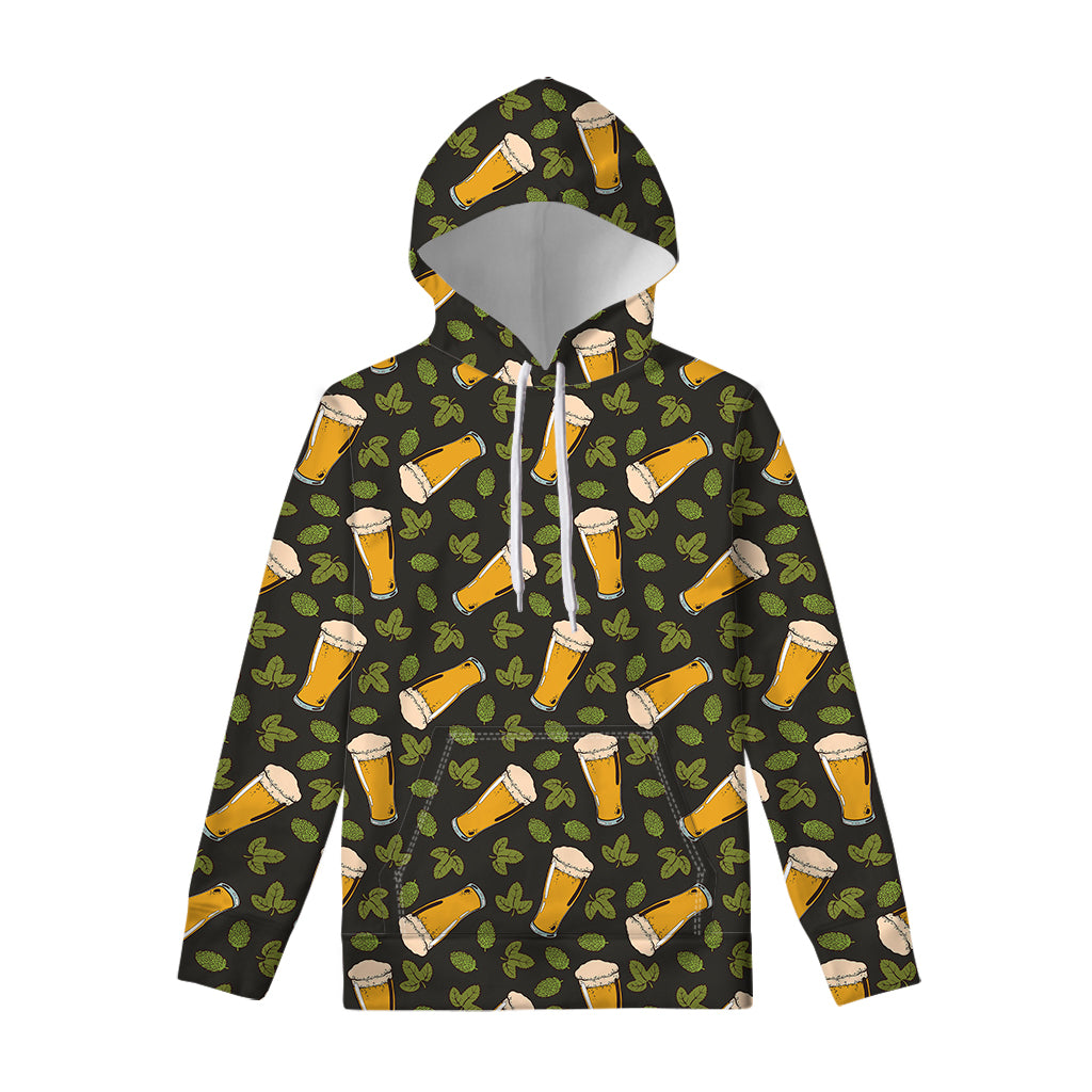 Beer Hop Cone And Leaf Pattern Print Pullover Hoodie