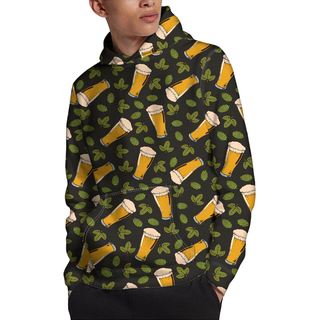 Beer Hop Cone And Leaf Pattern Print Pullover Hoodie