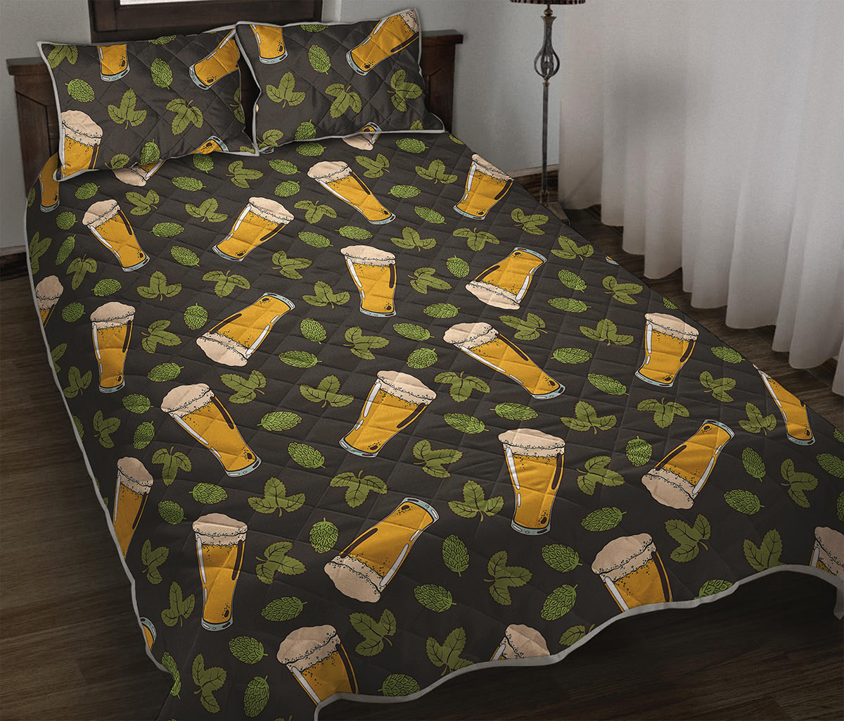 Beer Hop Cone And Leaf Pattern Print Quilt Bed Set