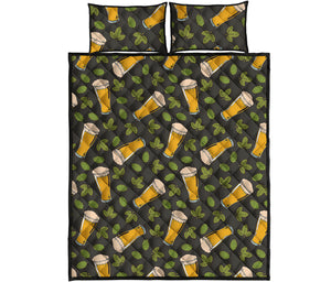 Beer Hop Cone And Leaf Pattern Print Quilt Bed Set