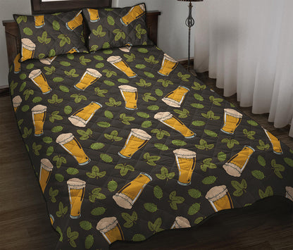 Beer Hop Cone And Leaf Pattern Print Quilt Bed Set