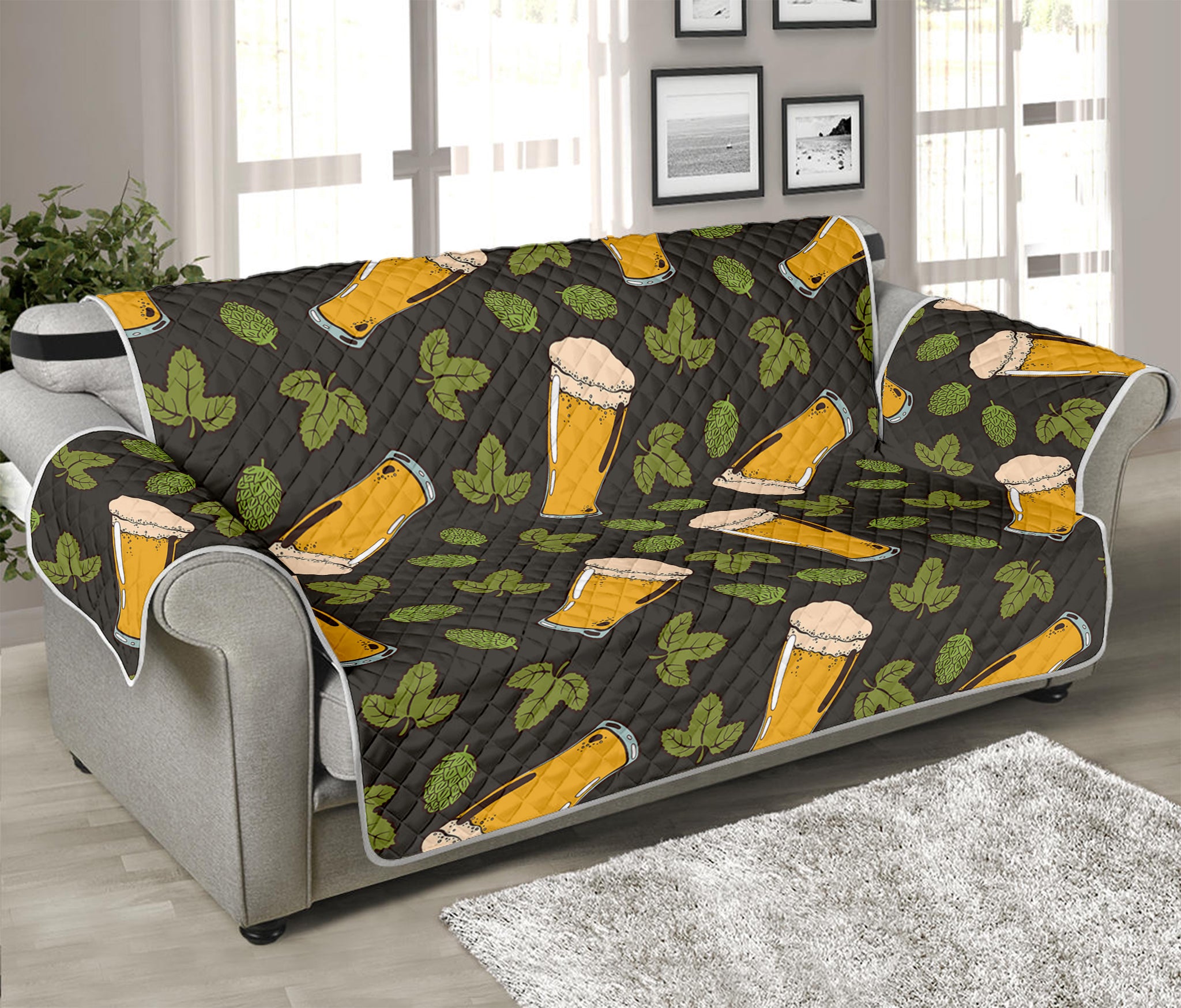 Beer Hop Cone And Leaf Pattern Print Sofa Protector