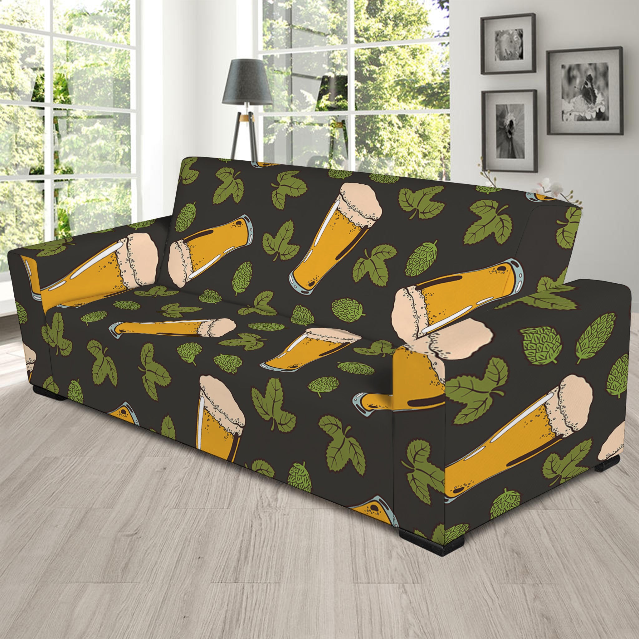 Beer Hop Cone And Leaf Pattern Print Sofa Slipcover