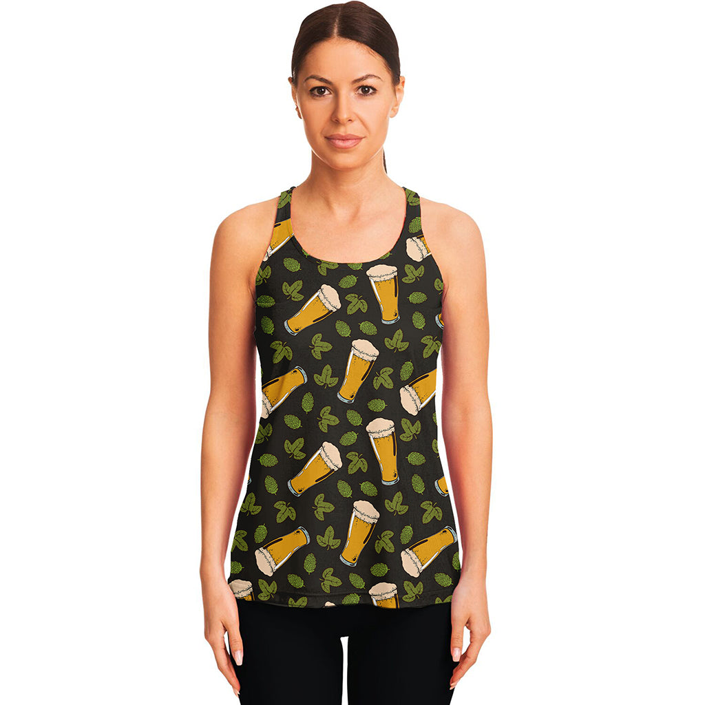 Beer Hop Cone And Leaf Pattern Print Women's Racerback Tank Top