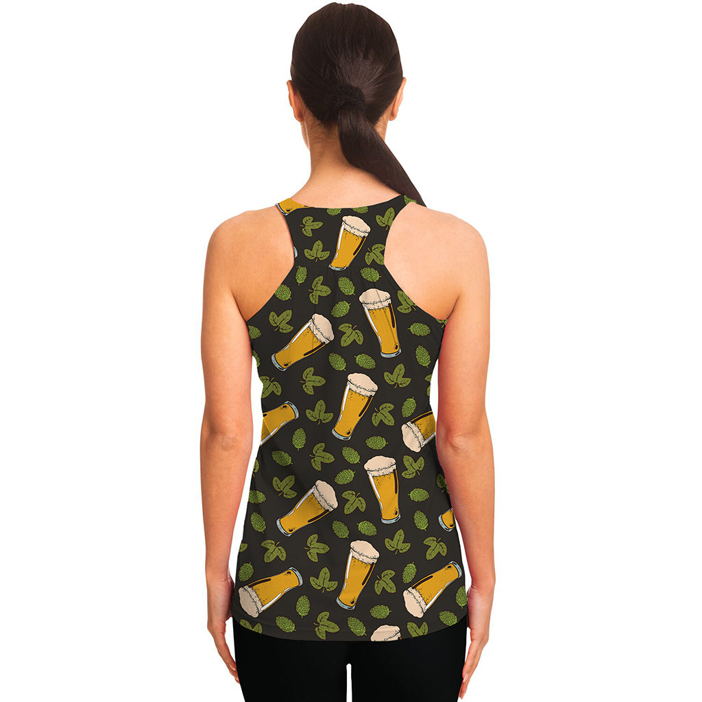 Beer Hop Cone And Leaf Pattern Print Women's Racerback Tank Top