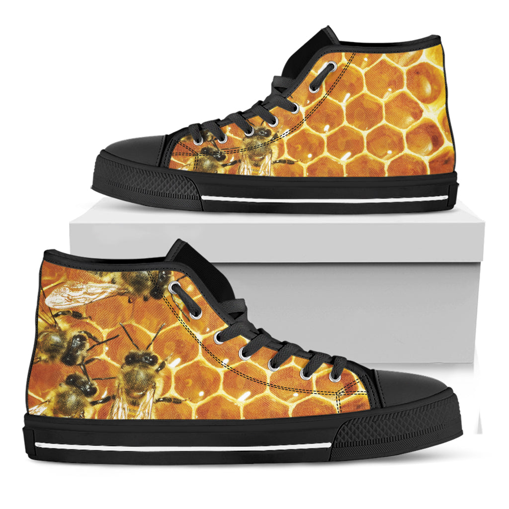 Bees And Honeycomb Print Black High Top Shoes