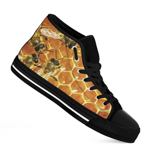 Bees And Honeycomb Print Black High Top Shoes