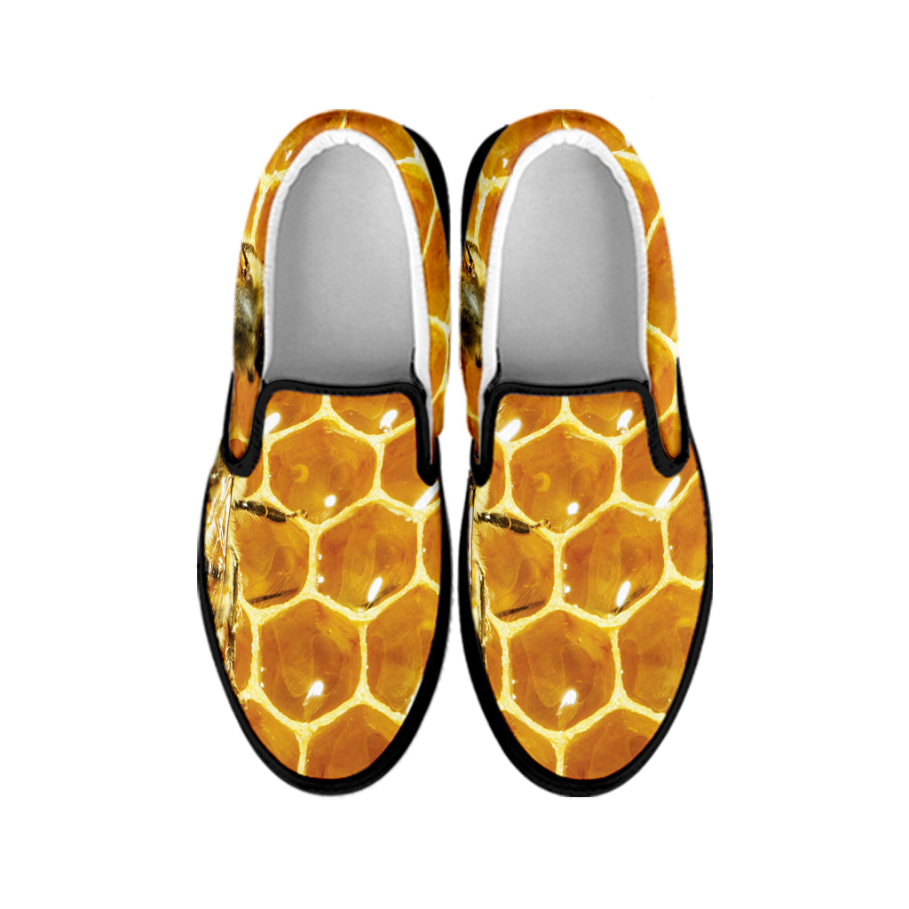 Bees And Honeycomb Print Black Slip On Shoes