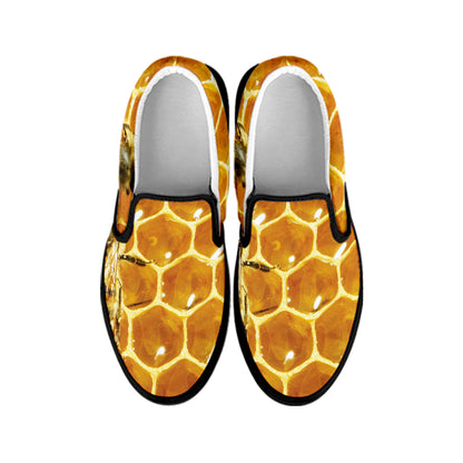 Bees And Honeycomb Print Black Slip On Shoes