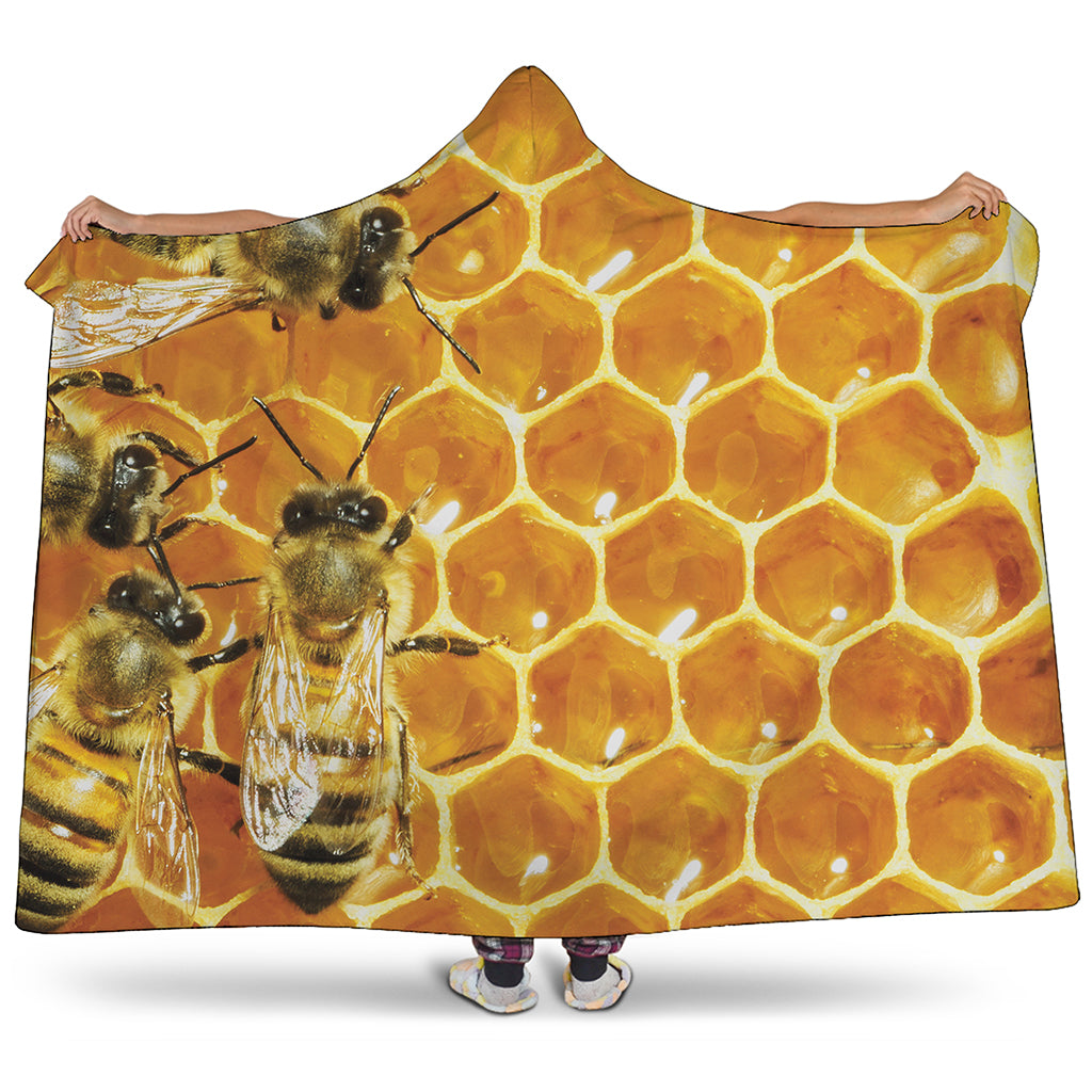 Bees And Honeycomb Print Hooded Blanket
