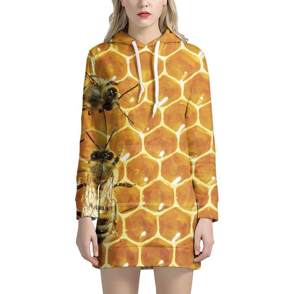 Bees And Honeycomb Print Hoodie Dress