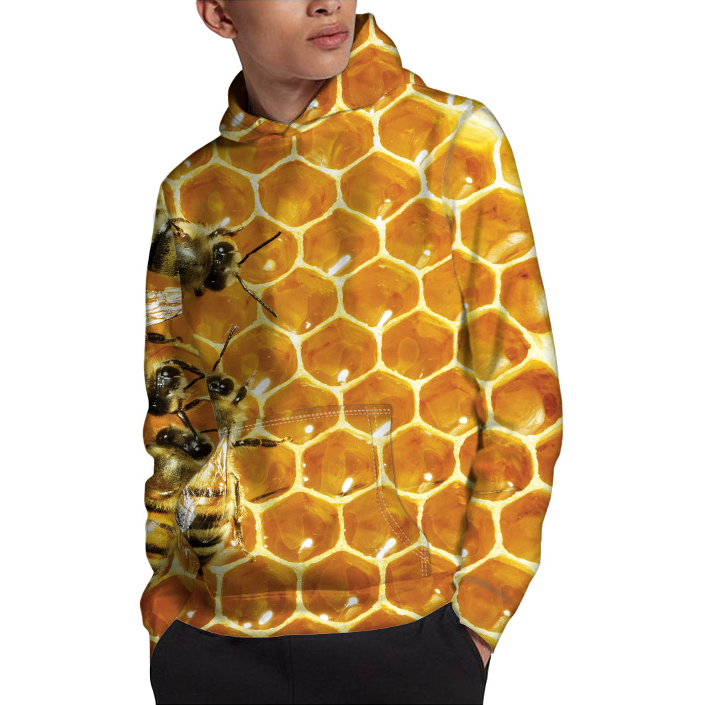 Bees And Honeycomb Print Pullover Hoodie
