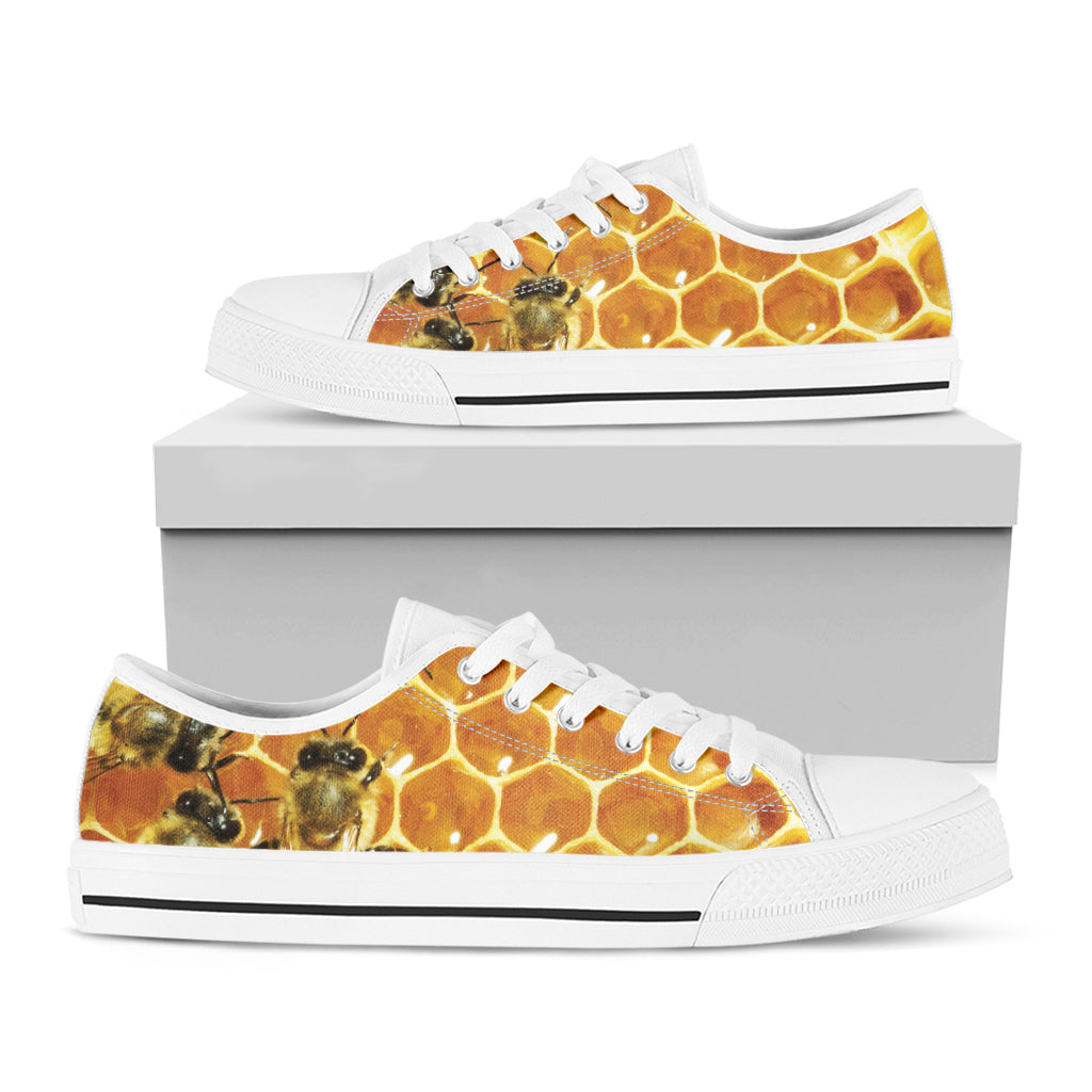 Bees And Honeycomb Print White Low Top Shoes