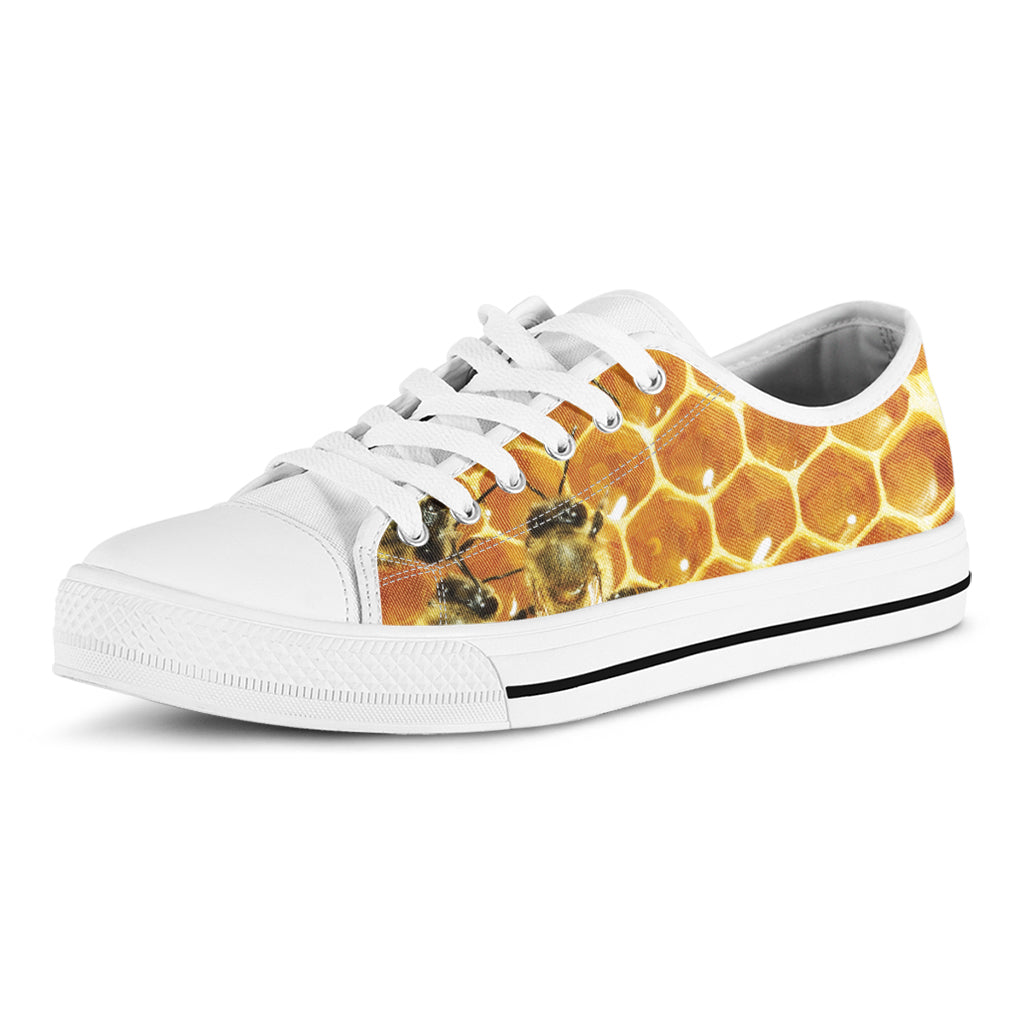 Bees And Honeycomb Print White Low Top Shoes