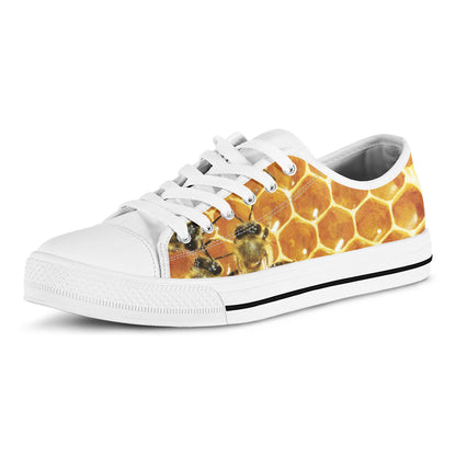 Bees And Honeycomb Print White Low Top Shoes
