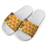Bees And Honeycomb Print White Slide Sandals