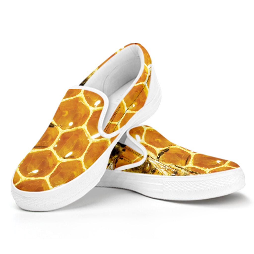 Bees And Honeycomb Print White Slip On Shoes