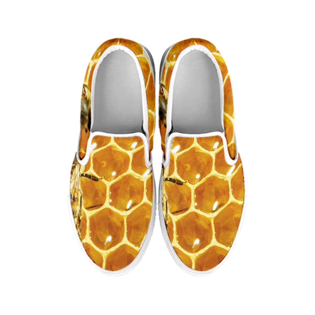 Bees And Honeycomb Print White Slip On Shoes