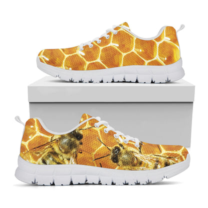 Bees And Honeycomb Print White Sneakers