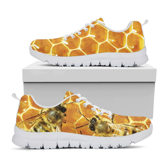Bees And Honeycomb Print White Sneakers