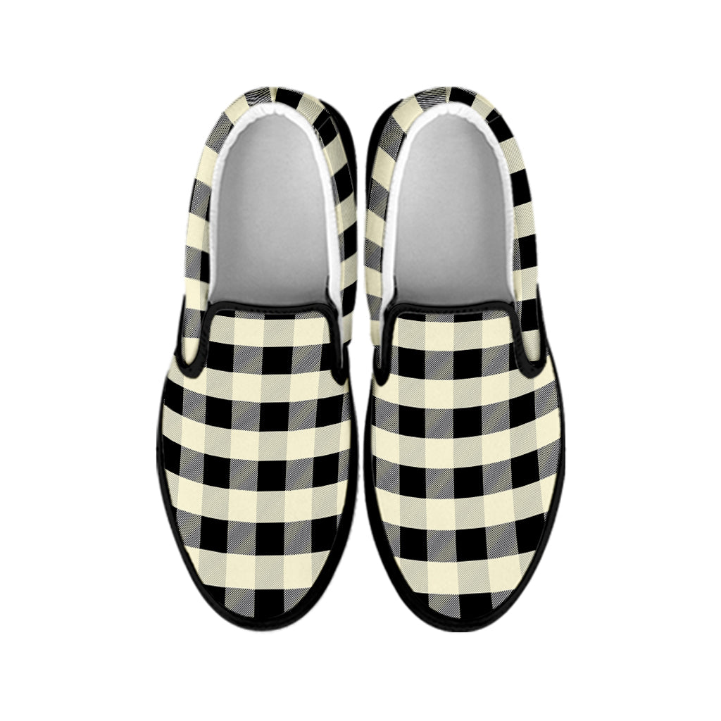 Beige And Black Buffalo Check Print Black Slip On Shoes