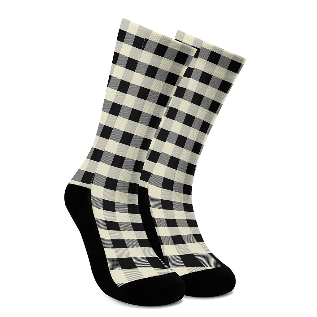 Beige And Black Buffalo Check Print Crew Socks