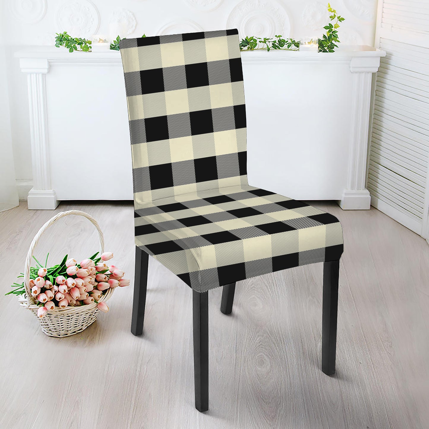 Beige And Black Buffalo Check Print Dining Chair Slipcover