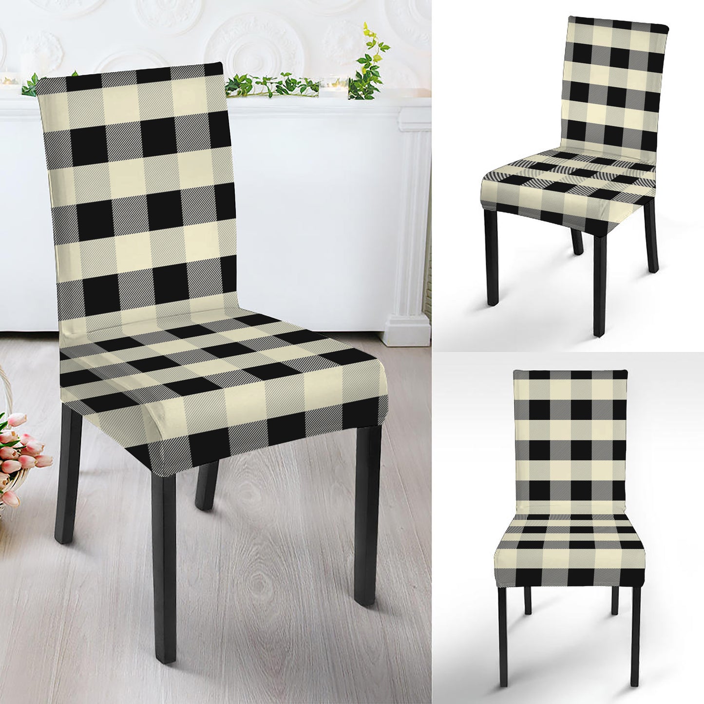 Beige And Black Buffalo Check Print Dining Chair Slipcover