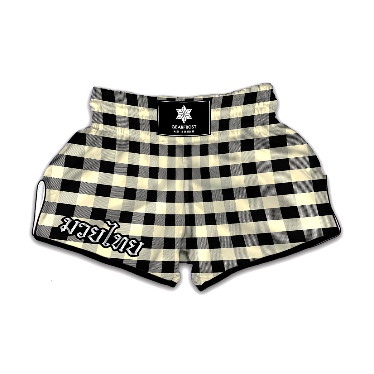 Beige And Black Buffalo Check Print Muay Thai Boxing Shorts