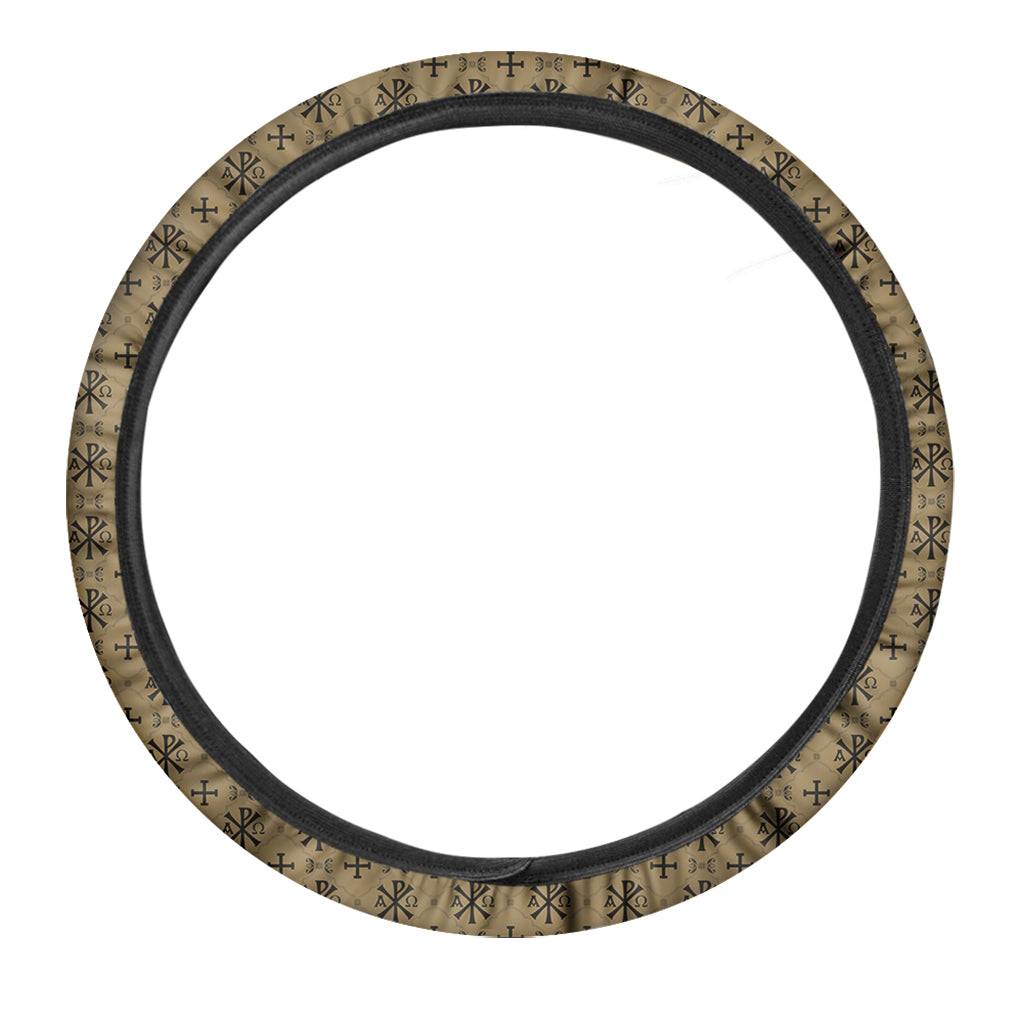 Beige And Black Orthodox Pattern Print Car Steering Wheel Cover