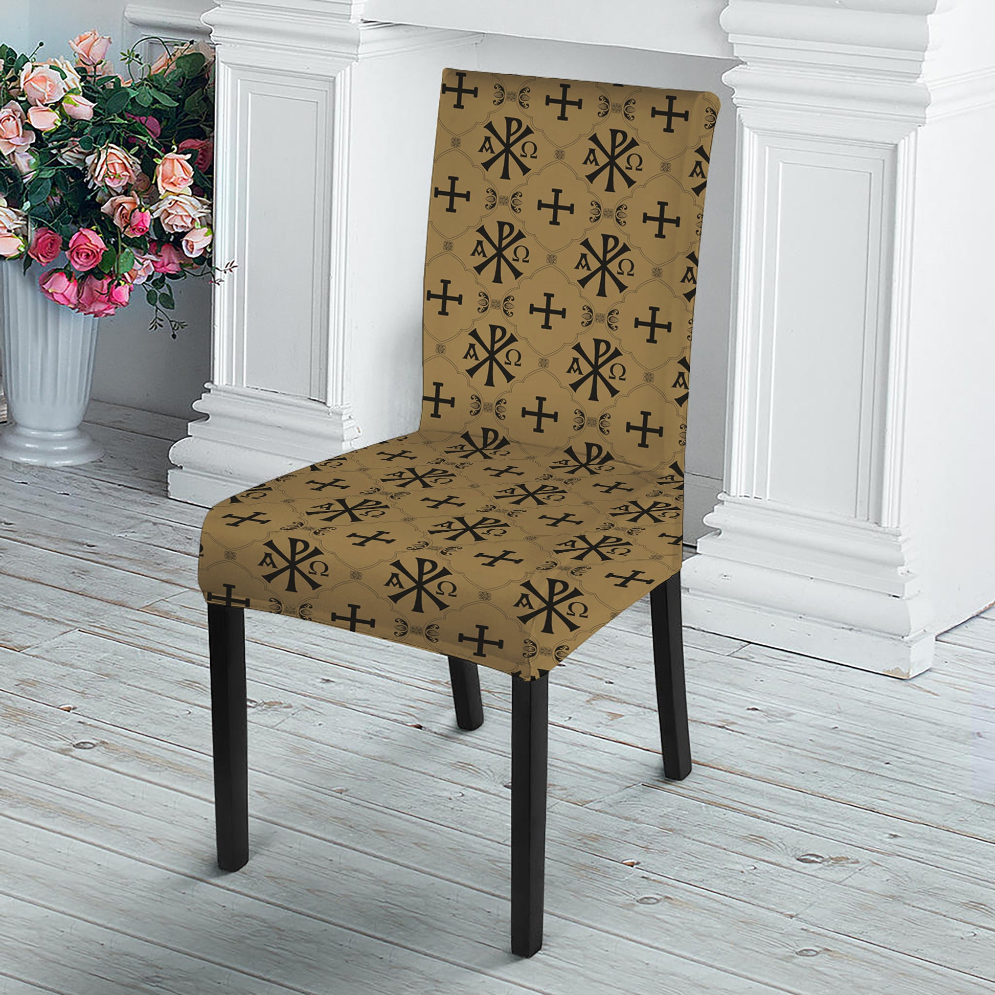 Beige And Black Orthodox Pattern Print Dining Chair Slipcover