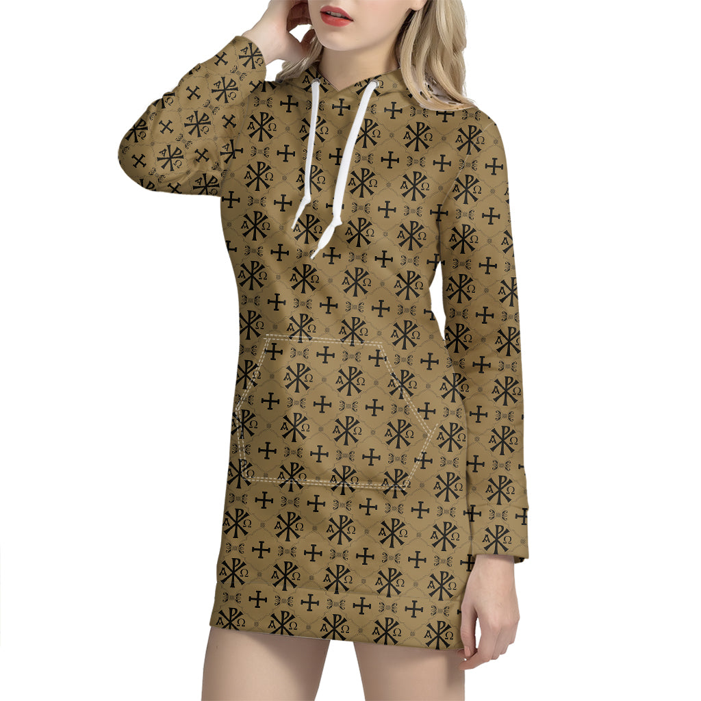Beige And Black Orthodox Pattern Print Hoodie Dress
