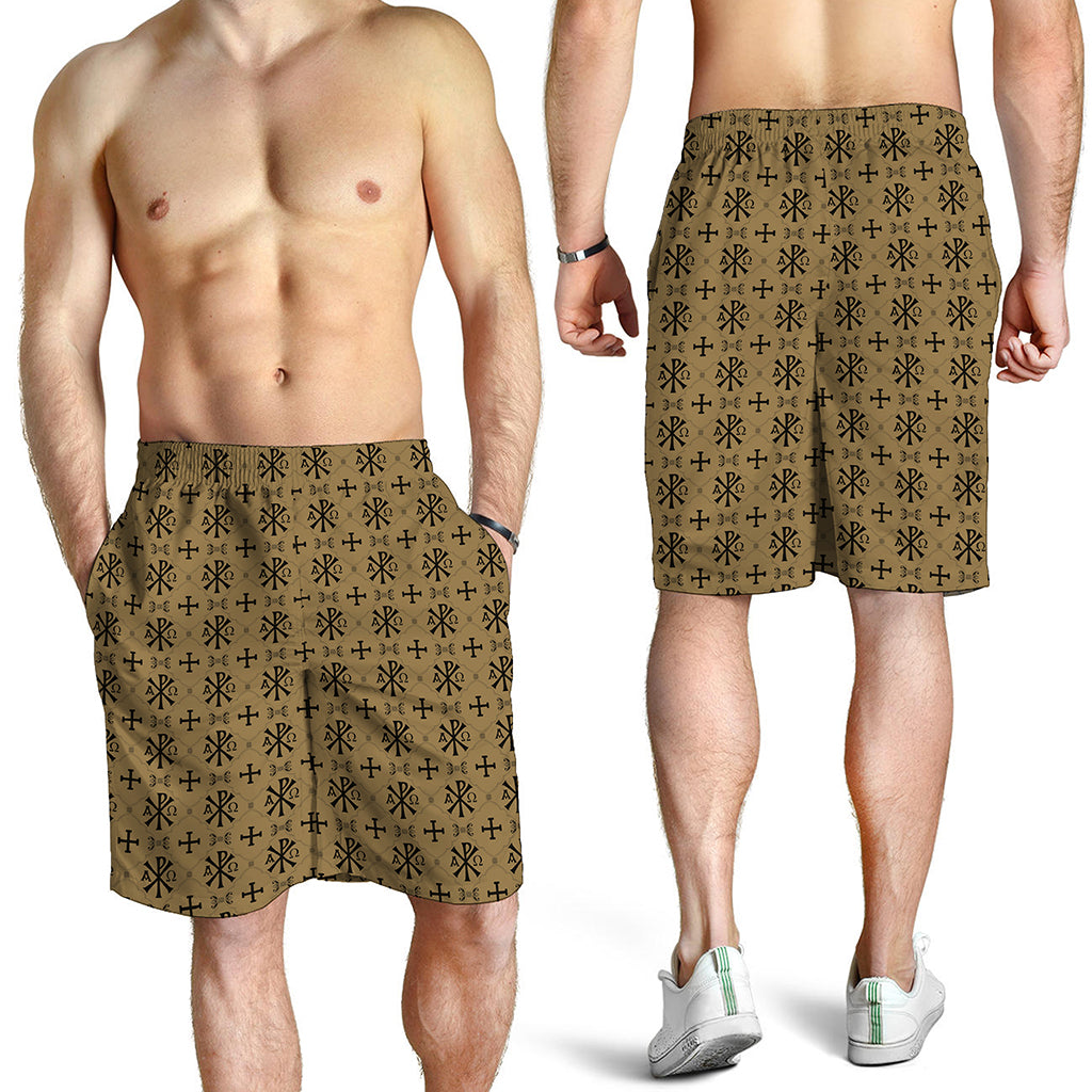 Beige And Black Orthodox Pattern Print Men's Shorts