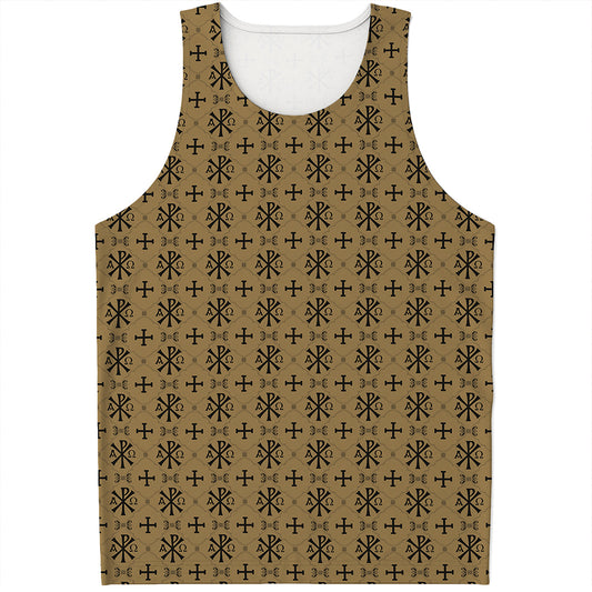 Beige And Black Orthodox Pattern Print Men's Tank Top